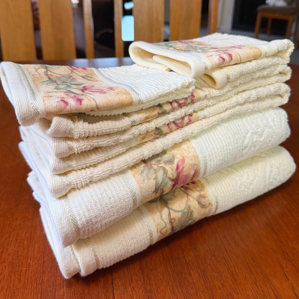 NEW Croscill Floral Rose Ivory Cotton Towel Set 6pc Bath Hand Washcloth Damask